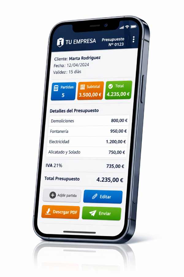 Panel profesional de presupuestos en móvil incluido en MundoReformas