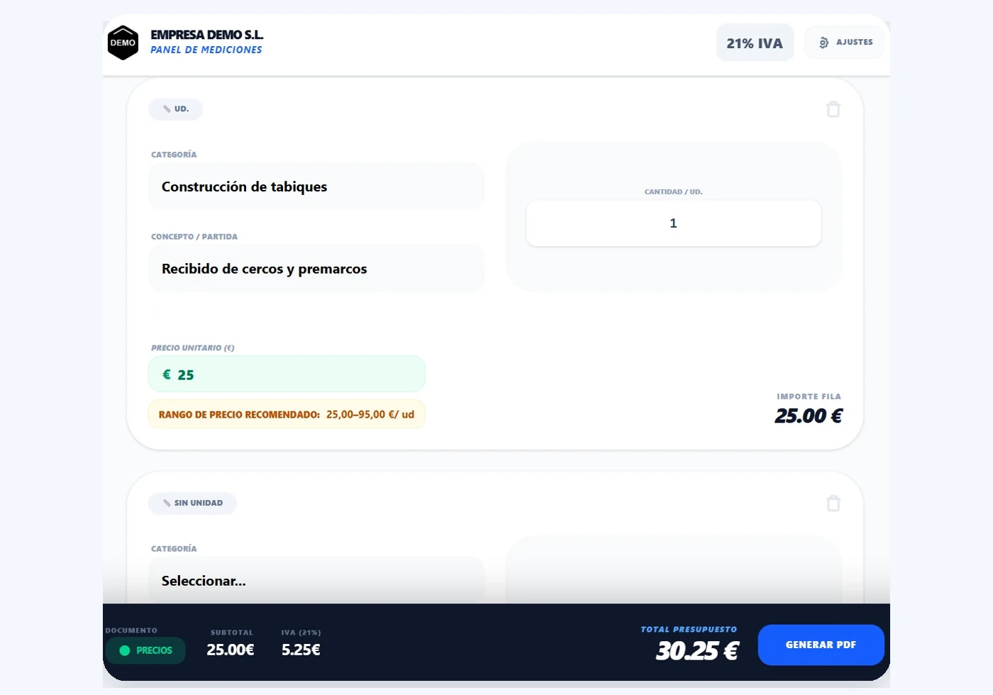 Panel de mediciones y presupuesto por partidas para empresas de reformas