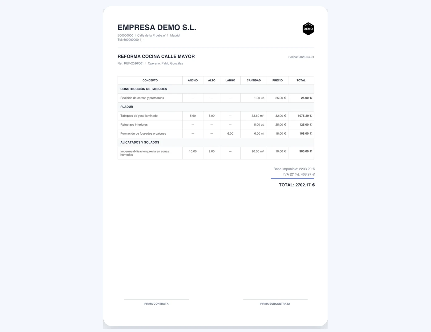 PDF profesional de presupuesto comercial con los datos de la empresa